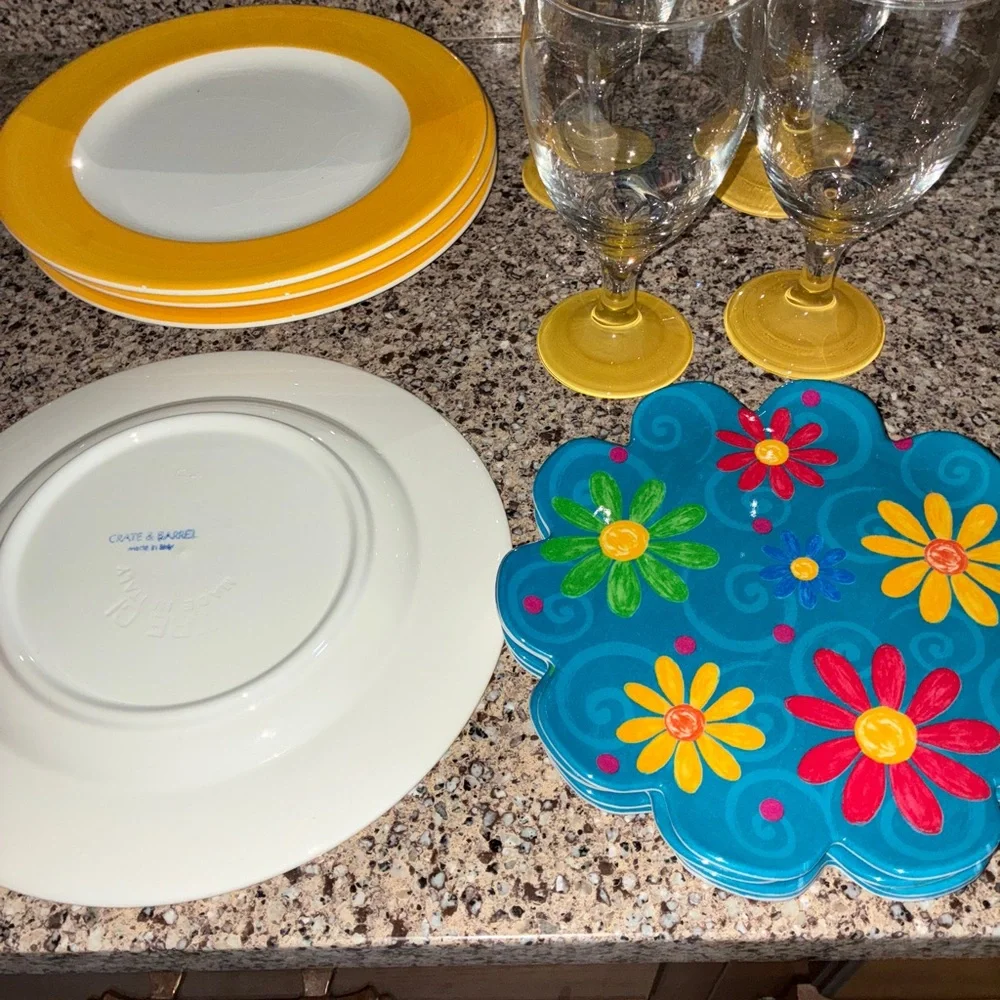 Crate&Barrel Blue and Yellow Floral Dinnerware Set